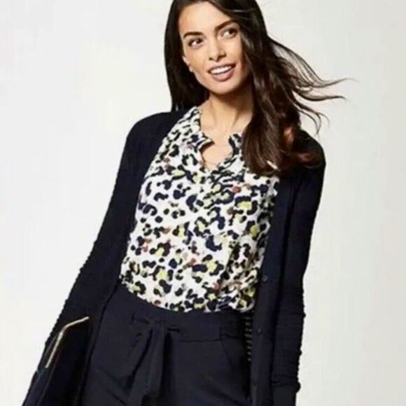 Cabi 5222 Fierce Seeing Spots Abstract Floral Animal Print Ruffle Collar Blouse - Picture 1 of 15